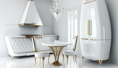 White kitchen with furniture, with bronze elements, Generative Ai