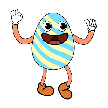 Easter egg groovy cartoon vintage style, Happy Easter. Characters egg