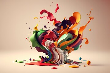 Vibrant 3D painting: Surrealistic, flowing textures meet colorful explosions and flowing fabrics in light orange and beige hues. Rendered in Cinema4D, stunning fusion of cyan and bronze. Generated AI