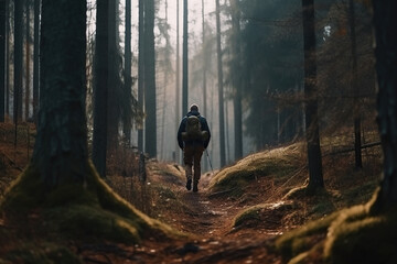 Fototapeta premium Forest Escapade. Adventurous man hiking amidst tall trees in the midst of a lush forest. Outdoor exploration concept. AI Generative