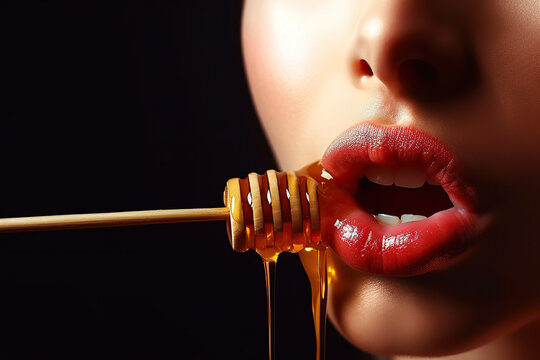 Erotic and Natural Pleasures. Satisfy your sweet pleasure with natural honey stick. sexy red Lips, Food and pleasure concept. AI Generative