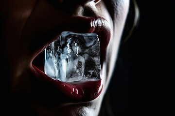 Obraz premium Woman with an Ice Cube in Her Mouth on isolated black background - AI Generative