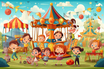 Obraz na płótnie Canvas Illustration cartoon stile of smiling kids have fun in the Lunapark, generative Ai