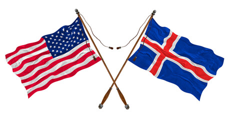 National flag of Iceland and United States of America. Background for designers
