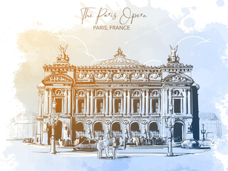 The Paris Opera building. Line drawing isolated on watercolour textured grunge background. Postcard or Travel blog illustration. EPS 10 vector illustration.