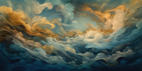 Dreamlike ocean wavy clouds with turbulent folds and swirls of ethereal turquoise blue and yellow colors, soft soothing fantasy cloudscape background - generative AI