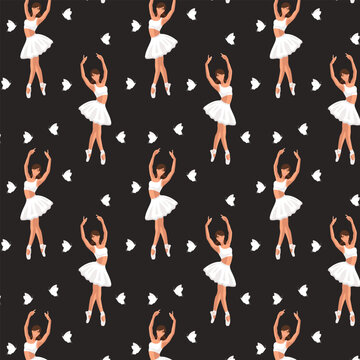Seamless pattern of a faceless dancing ballerina silhouette with the butterfly on black background