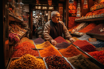 Naklejka premium Spice Bazaar. Vibrant market in Istanbul, Turkey where a vendor sells colorful spices. Cultural experience concept. AI Generative