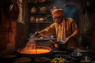 Exotic Flavors. Skilled Indian chef preparing a mouth-watering meal in a rustic kitchen in Jaipur, India. Culinary art concept. AI Generative