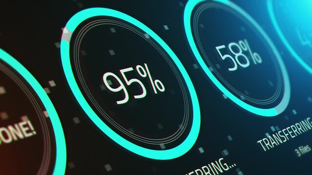 Modern monitor indicating transferring of files.
Modern digital board showing information about data transferring with glowing percent and numbers in real time