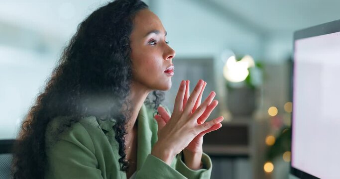 Woman, stress or computer screen in night office mistake, business planning error or startup problem. Tired, anxiety or worried employee working late on technology glitch mockup in deadline 404 fail