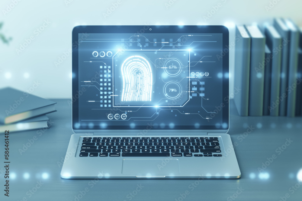 Poster close up of laptop on desktop with creative fingerprint hologram on blurry background. concept of fi