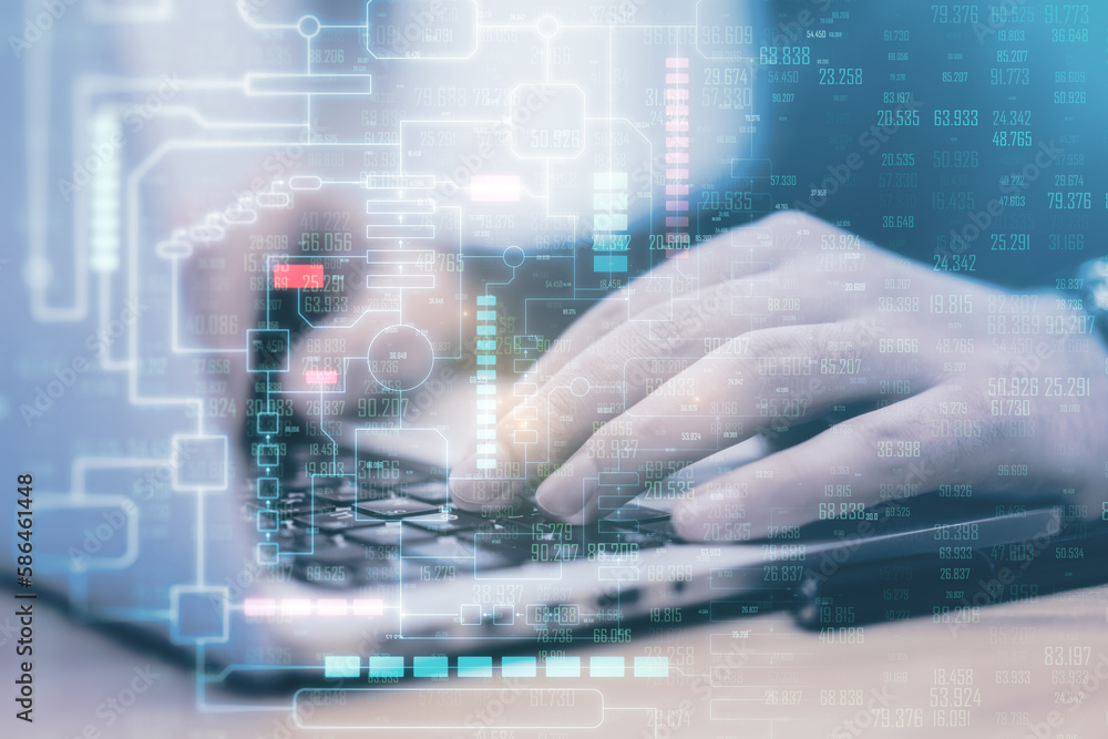 Poster close up of hands using laptop with creative tech big data hologram on blurry background. technology