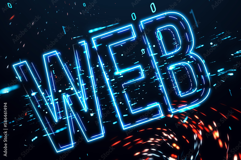 Poster Glowing web text hologram on blurry dark background. Digital nft, technology and future concept. 3D Rendering.