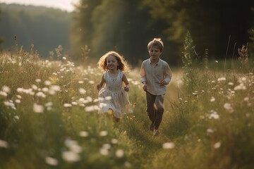 Naklejka na ściany i meble Joyful Explorers. Little boy and girl happily running and playing in a field of wildflowers. Childhood adventure concept. AI Generative