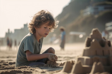 Fototapeta na wymiar Childhood Fun in the Sun: Little Boy's Sandcastle Building Adventure on the Beach - AI Generative