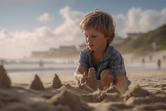 Childhood Fun in the Sun: Little Boy's Sandcastle Building Adventure on the Beach - AI Generative