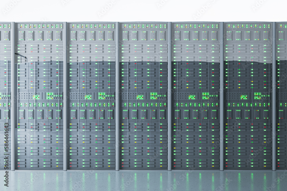Poster Bright light server room interior. Shot of Data Center With Multiple Rows of Fully Operational Server Racks. Modern Telecommunications. 3D Rendering.