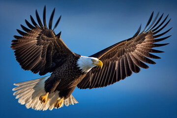 Fototapeta premium The flying eagle on blue background. Eagle logo template Generative AI
