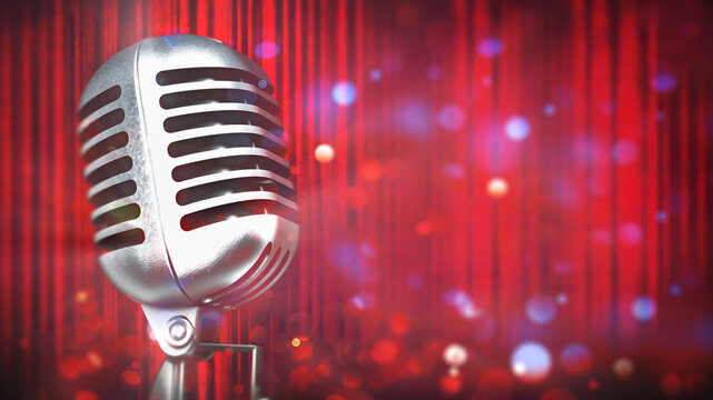Vintage microphone on red curtain backgound. 3D illustration