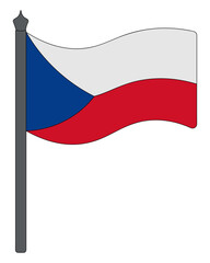 Flag of the Czech Republic. Vector illustration. The fabric canvas is decorated with two stripes and a triangle. The national symbol of the state develops in the wind. Cartoon style. Isolated backgrou