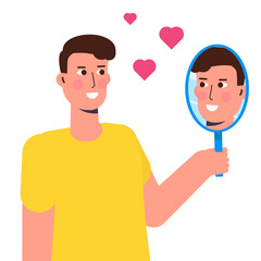 A man standing in front of a mirror, gazing at his own reflection, embodies the idea of self-love.The concept of egotism is mirrored in this vector illustration
