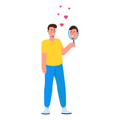 A man standing in front of a mirror, gazing at his own reflection, embodies the idea of self-love.The concept of egotism is mirrored in this vector illustration