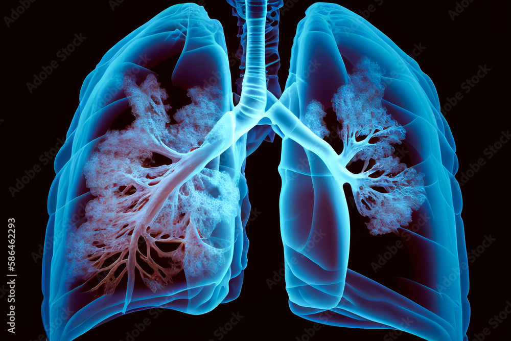 Poster hologram lung. pain in the lungs from polygons, triangles, dots and lines. lung is a low poly compou