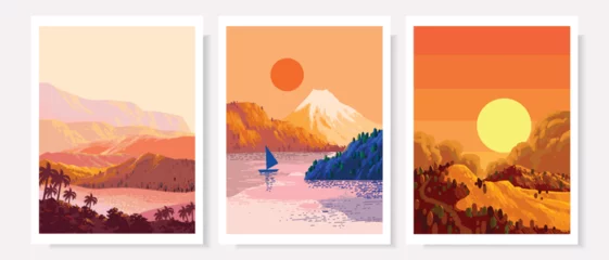 Poster Set of landscape view vector background illustration. Panorama mountains range, lake, river, beach silhouettes template. © Suryadi