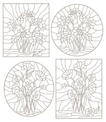 Set contour illustrations of the stained glass bouquet of poppies and sunflowers in a vase, dark contours on a white background