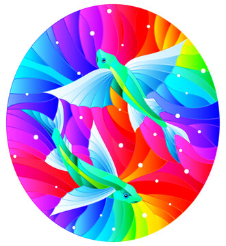 Illustration in the style of stained glass with two flying fishes on a rainbow background and air bubbles, oval image