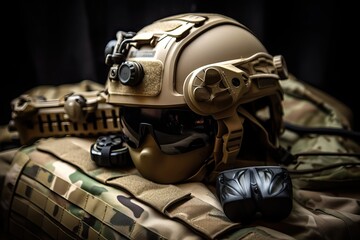 Fototapeta na wymiar Special Forces FAST Helmet with US Flag, NVGs, and Multicam. Photo generative AI