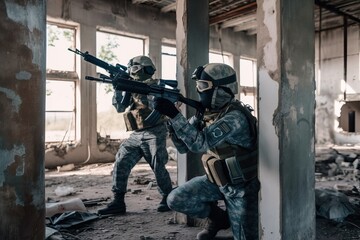 Fototapeta premium Military assault team taking cover in abandoned building on battlefield. Photo generative AI