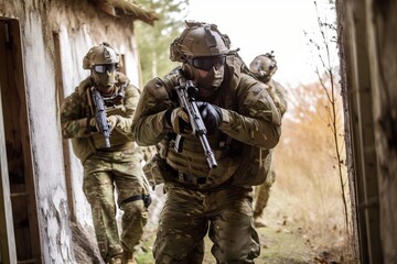 Obraz premium Military SWAT securing perimeter in conflict. Photo generative AI