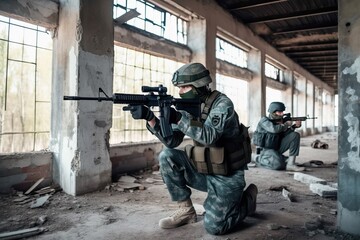 Fototapeta premium Military assault team taking cover in abandoned building on battlefield. Photo generative AI