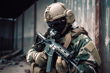 Naklejka premium Special Forces Soldier in Combat Gear. Photo generative AI