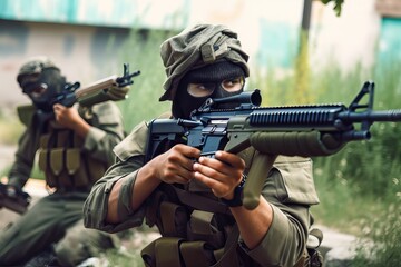 Fototapeta premium Airsoft Battles: Riots in Middle East, Teamwork & Strategy. Photo generative AI