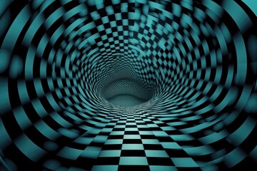 black and white checkered tunnel with a blue background. Generative AI
