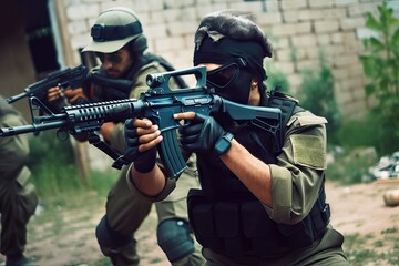 Airsoft Battles: Riots in Middle East, Teamwork & Strategy. Photo generative AI