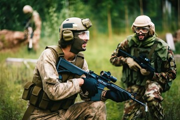 Airsoft Gun Warfare: Popular Game for Friends. Photo generative AI