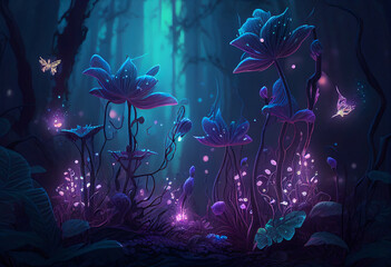 Obraz na płótnie Canvas Night fairy forest and glowing flowers illustration. AI generative.
