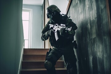 Special Forces Soldier with MG on Stairs. Photo generative AI