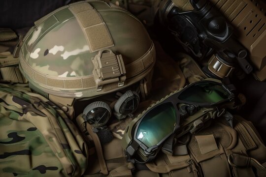 Special Forces Gear: FAST Helmet, NVGs, Plate Carrier Vest. Photo generative AI