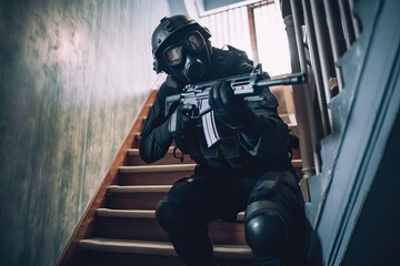 Fototapeta na wymiar Special Forces Soldier armed with MG on stairs. Photo generative AI