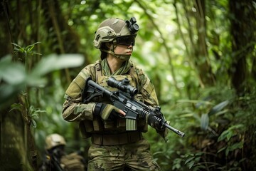 Fototapeta premium Tactical military airsoft in jungle. Photo generative AI