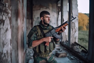 Soldier with AK47 in abandoned building. Photo generative AI