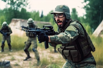 Fototapeta premium Airsoft: Strategiczna Wojna Zespołowa. Sztuczna inteligencja generująca zdjęcia