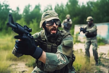Airsoft: Strategic Team Warfare. Photo generative AI