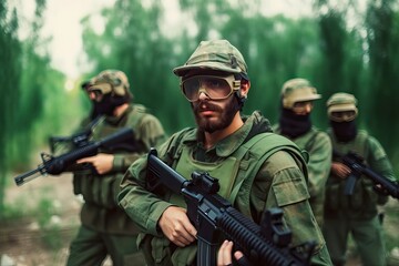 Fototapeta premium Airsoft: Mil. Spec. Forces w/Rifles Gameplay. Photo generative AI