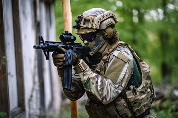 Soldier fight in airsoft battle. Photo generative AI